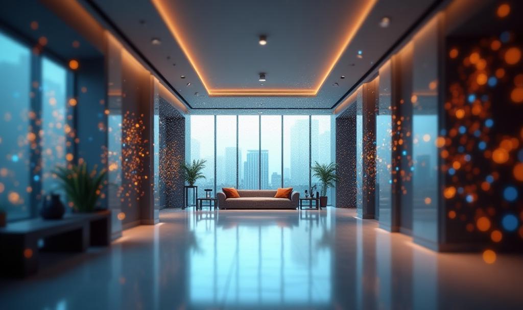 Modern hotel lobby overlayed with abstract tech elements